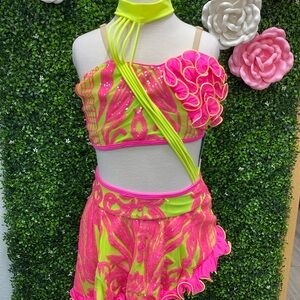 Kids Dance Costume in Bright Pink and Yellow